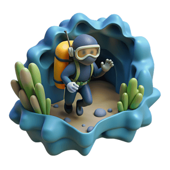 serene minimalist A diver exploring a submerged cave, adventurous, exploration photography style high resolution png