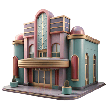 stunning rustic A decaying Art Deco cinema, faded glamour, haunting atmosphere, muted colors original png