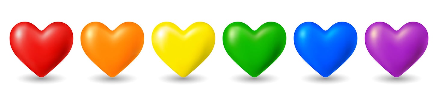 3D rainbow love hearts for decoration in LGBT colors - red, orange, yellow, green, blue and purple vector