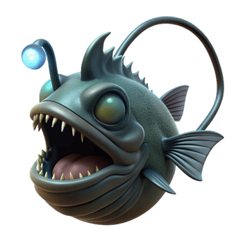 extraordinary classic A deep-sea anglerfish attracting prey with its bioluminescent lure, dark, ominous lighting, horror, creature design style, detailed png