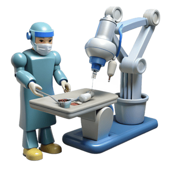 dramatic abstract A robotic surgeon performing a delicate operation, highly detailed robotic arms and surgical instruments, medical illustration style premium png