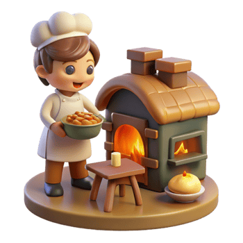 elegant minimalist A mischievous brownie baking bread in a cozy cottage kitchen, lit by the warm glow of the fire, in a charming fairytale style exclusive png