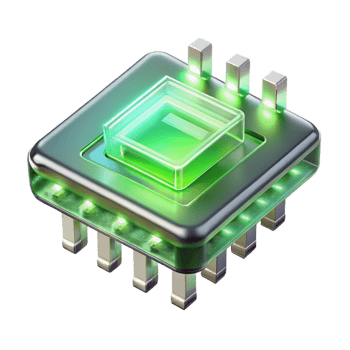 magnificent contemporary A levitating transparent computer chip with intricate circuitry, illuminated by glowing green light, in a minimalist style exclusive png