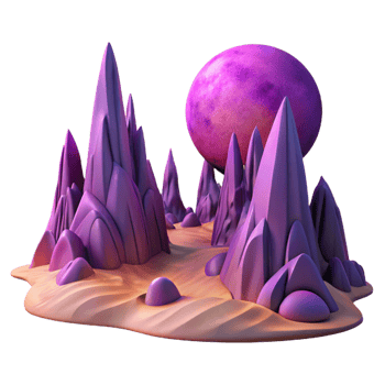 magnificent classic A desolate alien landscape, jagged purple rock formations under a double sunset, two moons visible, retrofuturistic style, matte painting detailed png
