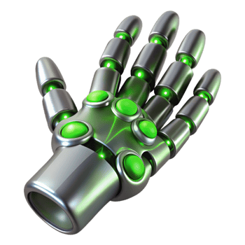 stunning minimalist A sleek, silver nanobot swarm forming the shape of a human hand, illuminated by a pulsating bioluminescent green light. Microscopic detail, scientific illustration style 4K png