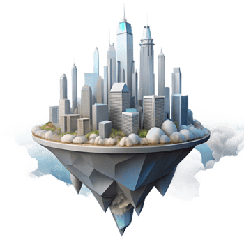 wonderful rustic Floating island city, futuristic skyscrapers, clouds below, aerial perspective, dreamlike atmosphere, digital painting 4K png