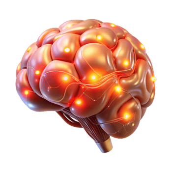stunning minimalist A holographic projection of a human brain, intricate neural networks pulsing with light, warm orange and red hues, scientific visualization style professional png
