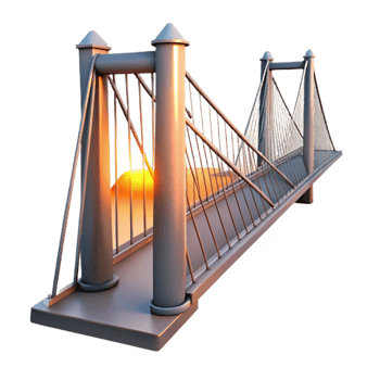 magnificent creative Suspension bridge, steel cables, dramatic perspective, sunset glow, industrial aesthetic, photorealistic render original png