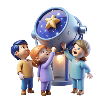 vibrant traditional A group of children gazing up at the stars from a futuristic observatory. Wonder, inspiring, soft lighting premium png