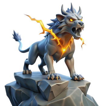 vibrant artistic A fierce chimera, breathing fire and ice, standing on a jagged cliff overlooking a stormy sea, lit by bolts of lightning. Concept art style high resolution png