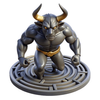 impressive vintage A powerful minotaur, trapped in a labyrinth of polished obsidian. Muscled physique, intricate labyrinth details. Chiaroscuro lighting 4K png