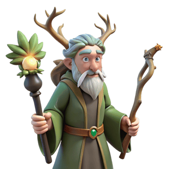 dramatic modern A wise old druid with a staff of twisted wood, communing with nature spirits. Soft lighting, fantasy art style genuine png