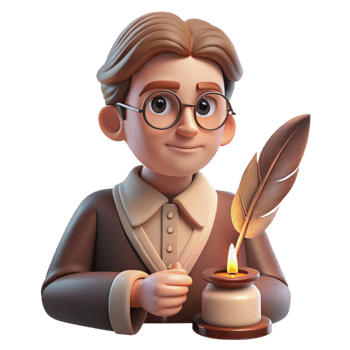 dramatic creative Portrait of a pensive writer with spectacles and a quill pen, illuminated by warm candlelight, in a vintage style high quality png