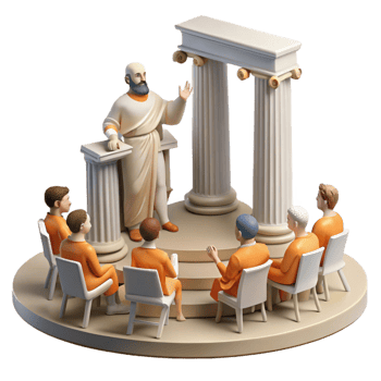 elegant artistic An ancient Greek philosopher lectures his students in an open-air amphitheater, bright, natural lighting, classical sculpture style premium png