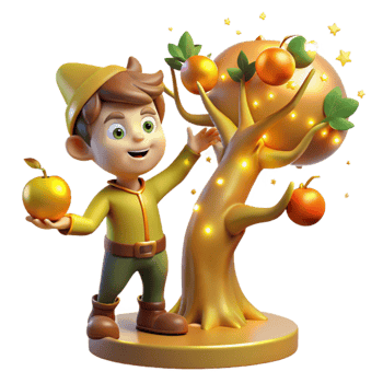 elegant traditional A mischievous imp stealing a golden apple from a magical tree, lit by shimmering fairy lights, in a vibrant, cartoon style professional png