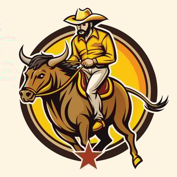 Vintage Rodeo Badge Logo Featuring a Cowboy Riding a Raging Bull vector