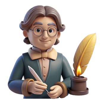 vibrant minimalist Portrait of a pensive writer with spectacles and a quill pen, illuminated by warm candlelight, in a vintage style premium png