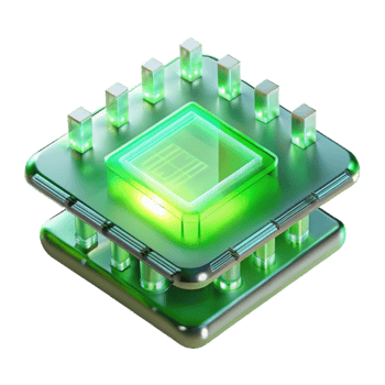 wonderful creative A levitating transparent computer chip with intricate circuitry, illuminated by glowing green light, in a minimalist style high resolution png