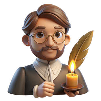 serene abstract Portrait of a pensive writer with spectacles and a quill pen, illuminated by warm candlelight, in a vintage style premium png