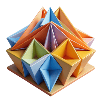 serene artistic Origami architecture, folded paper structures, intricate patterns, colorful design, abstract art, authentic png