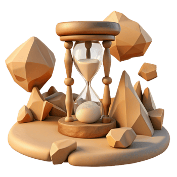 wonderful rustic A desert landscape with floating rocks and a giant, cracked hourglass. Surrealism style original png