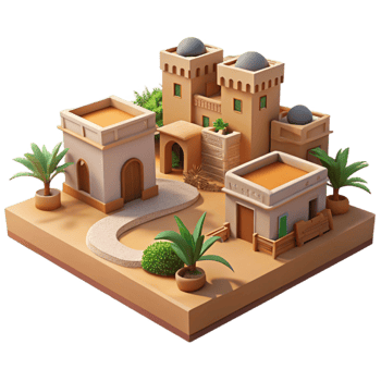 stunning contemporary Desert oasis town, adobe buildings, shaded courtyards, harsh sunlight, arid style professional png