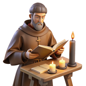 elegant rustic A medieval monk illuminating a manuscript in a scriptorium, warm candlelight, detailed miniature painting style professional png