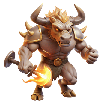 dramatic traditional A powerful minotaur, with rippling muscles and a bronze axe, charging through a labyrinthine corridor, lit by torches casting dramatic shadows. Baroque style authentic png