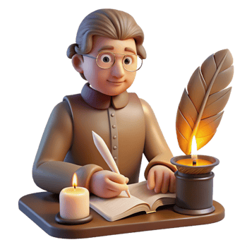 serene abstract Portrait of a thoughtful writer with a quill and parchment, illuminated by the warm glow of a candlelit desk, styled as a vintage portrait high quality png