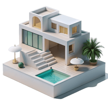 stunning rustic Modernist villa, white concrete, geometric forms, poolside view, minimalist aesthetic professional png