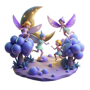 stunning minimalist A group of fairies flying through a moonlit forest, leaving trails of pixie dust, illuminated by the moonlight. Enchanted forest, dreamlike style premium png
