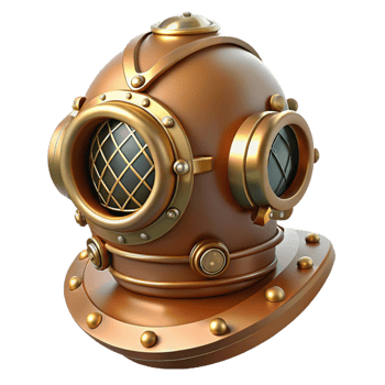 serene modern A steampunk diving helmet with intricate lenses and breathing apparatus. Soft, underwater lighting. Vintage photography style premium png