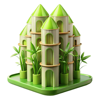 dramatic minimalist Bamboo skyscraper, sustainable architecture, green facade, soft natural lighting, eco-friendly design 4K png