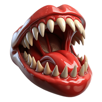 dramatic traditional A close-up of a screaming mouth filled with razor-sharp teeth, lit by a strobe light, with blood dripping from the lips. Extreme horror style high quality png