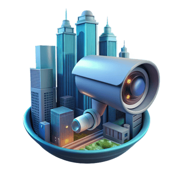 stunning traditional A futuristic security camera scanning a cityscape, surveillance technology theme, night time lighting authentic png