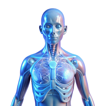 serene rustic A holographic projection of a human body with anatomical details, medical illustration style, soft blue lighting professional png