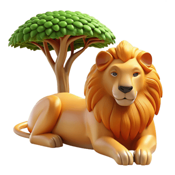 stunning modern A regal lion resting in the shade of an acacia tree, depicted in a realistic style with warm, golden light and intricate fur detail exclusive png