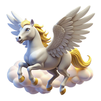serene traditional A graceful pegasus with feathered wings, soaring through a cloudy sky, illuminated by the sun's rays. Romantic style original png