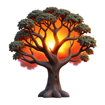 beautiful minimalist A gnarled oak tree silhouetted against a fiery sunset, dramatic and evocative, painterly style high quality png