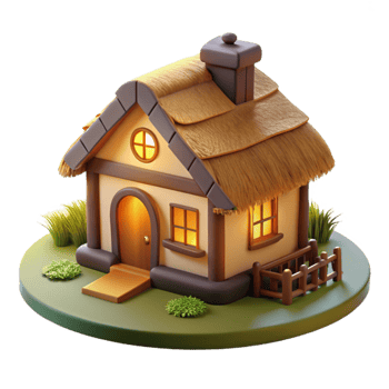 dramatic rustic A traditional thatched roof cottage in a rural setting, warm light, idyllic atmosphere, picturesque style premium png