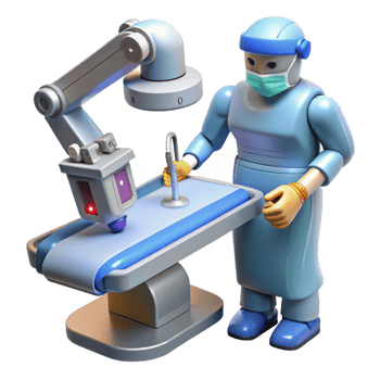 dramatic contemporary A robotic surgeon performing a delicate operation with laser scalpels, precise movements illuminated by surgical lighting professional png