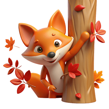 extraordinary modern A sly fox peering out from behind a tree, autumn leaves falling around it, warm orange and red hues, storybook illustration style high quality png