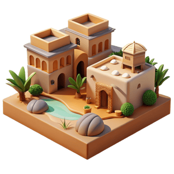 elegant contemporary Desert oasis town, adobe buildings, shaded courtyards, harsh sunlight, arid style high resolution png