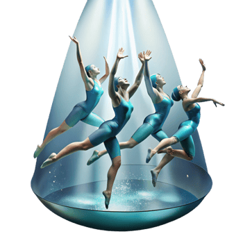 magnificent artistic A group of synchronized swimmers performing an underwater ballet, dramatic spotlighting, graceful, performance art photography style, 4K png