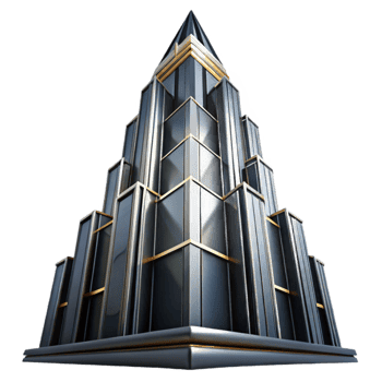 magnificent abstract Art Deco skyscraper, chrome and black glass, sharp geometric patterns, volumetric lighting, high contrast, cinematic angle exclusive png