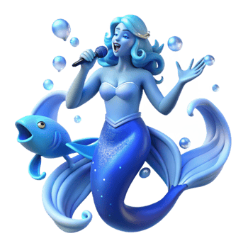stunning artistic A serene siren, with scales of pearlescent blue, singing an enchanting melody, surrounded by swirling schools of bioluminescent fish. Art Nouveau style professional png