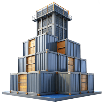 magnificent classic Conceptual skyscraper made of interconnected shipping containers, industrial aesthetic, urban setting, overcast daylight high resolution png