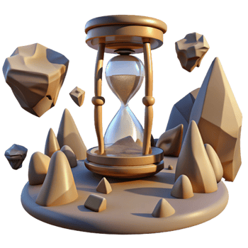 elegant rustic A desert landscape with floating rocks and a giant, cracked hourglass. Surrealism style high resolution png