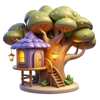 vibrant modern A whimsical treehouse nestled in the branches of a giant, glowing tree, inhabited by playful fairies. Warm, magical lighting. Children's book illustration style authentic png