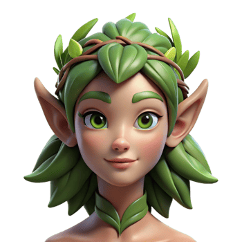 dramatic vintage Portrait of a beautiful dryad with bark-like skin, leafy hair, and gentle eyes. Soft, natural lighting filtered through leaves 4K png